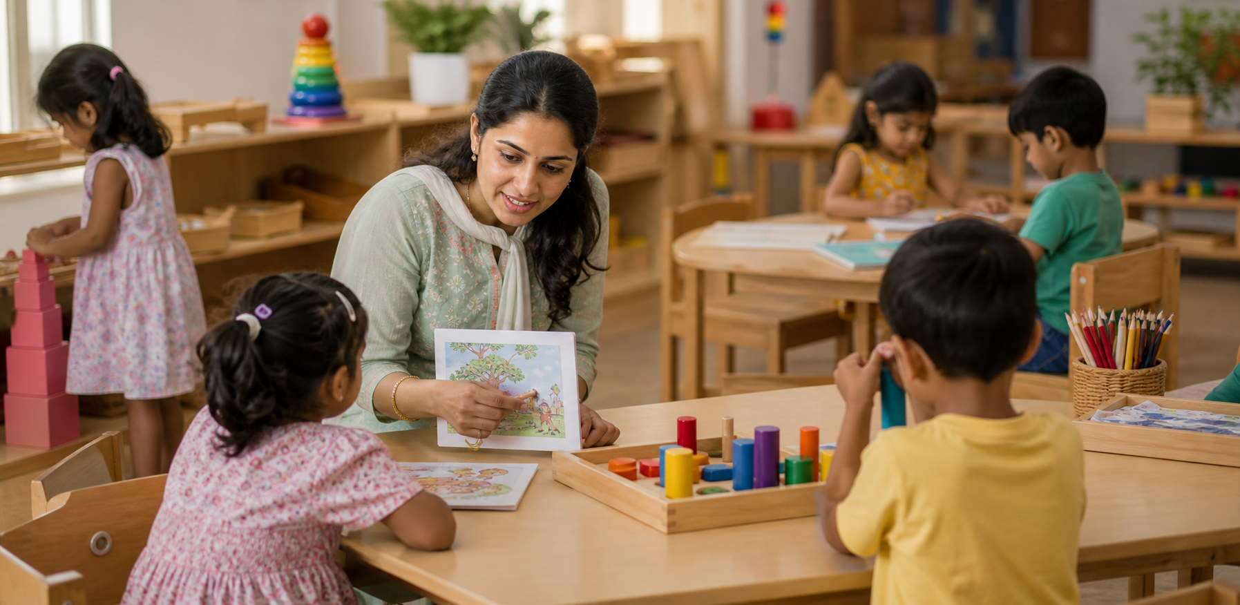 Professional Indian female early childhood educator in a preschool classroom