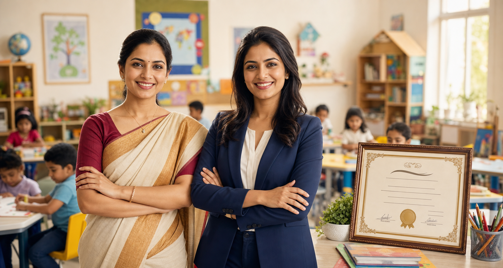 Confident Indian early childhood educators standing in a bright classroom